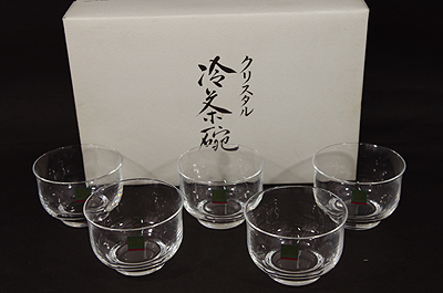 HOYAHOYAクリスタル 冷茶グラス と 七宝焼きの茶托 5客セット☆クリスタル冷茶碗